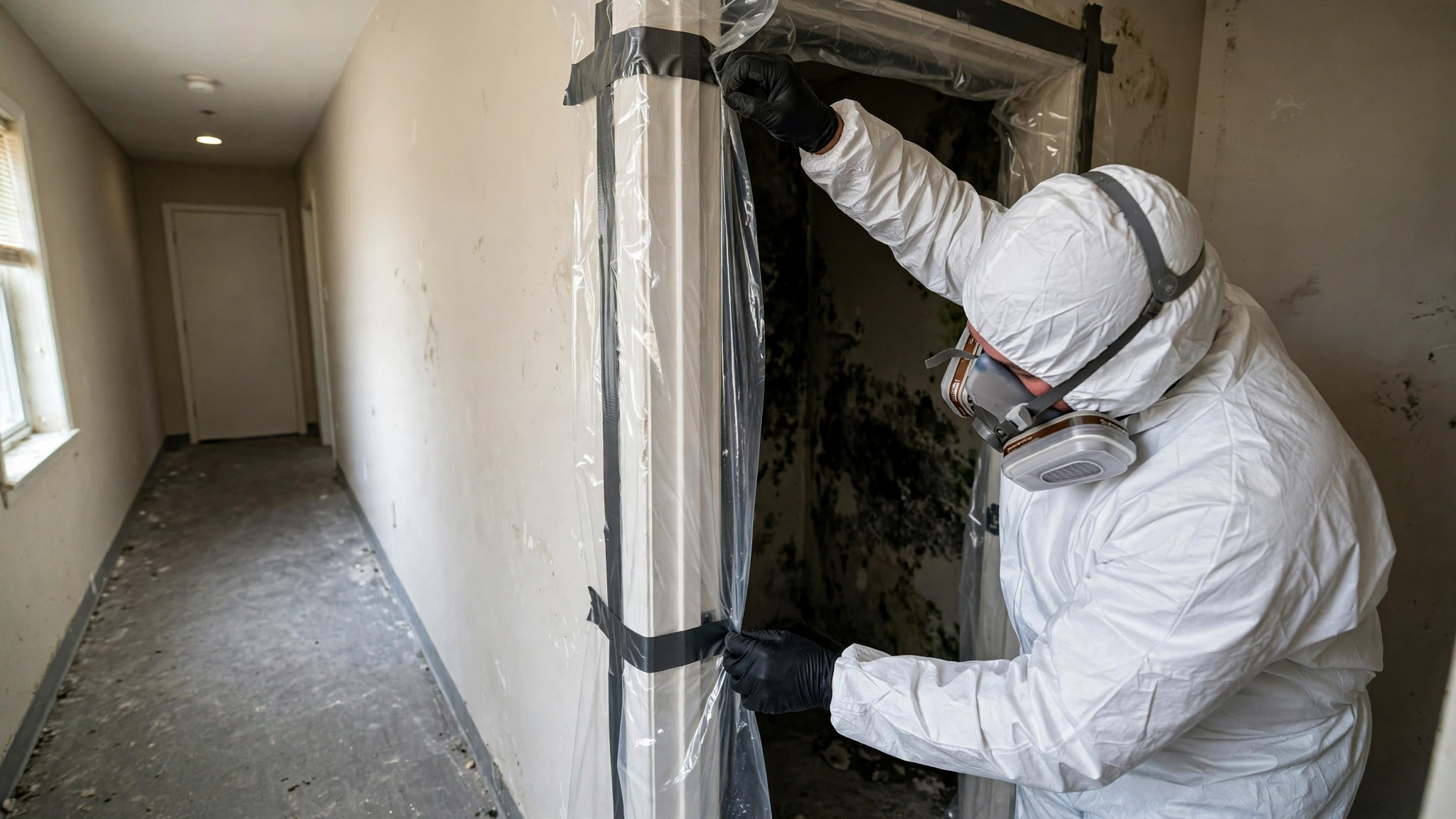 Mold remediation crew in protective suits and respirators setting up plastic containment sheeting in a home.