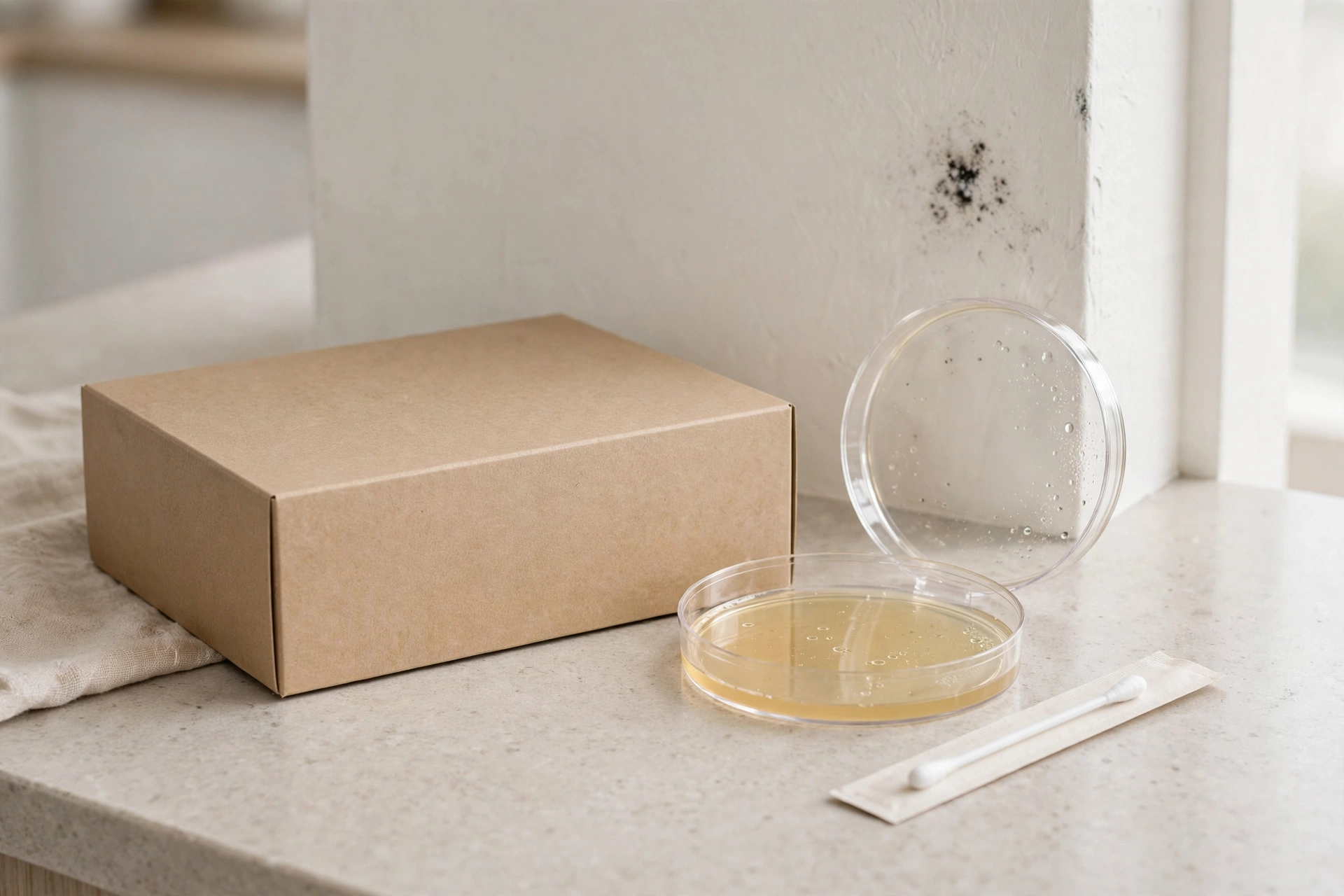 A petri dish style home mold test kit sitting on a table in a home with testing instructions nearby.