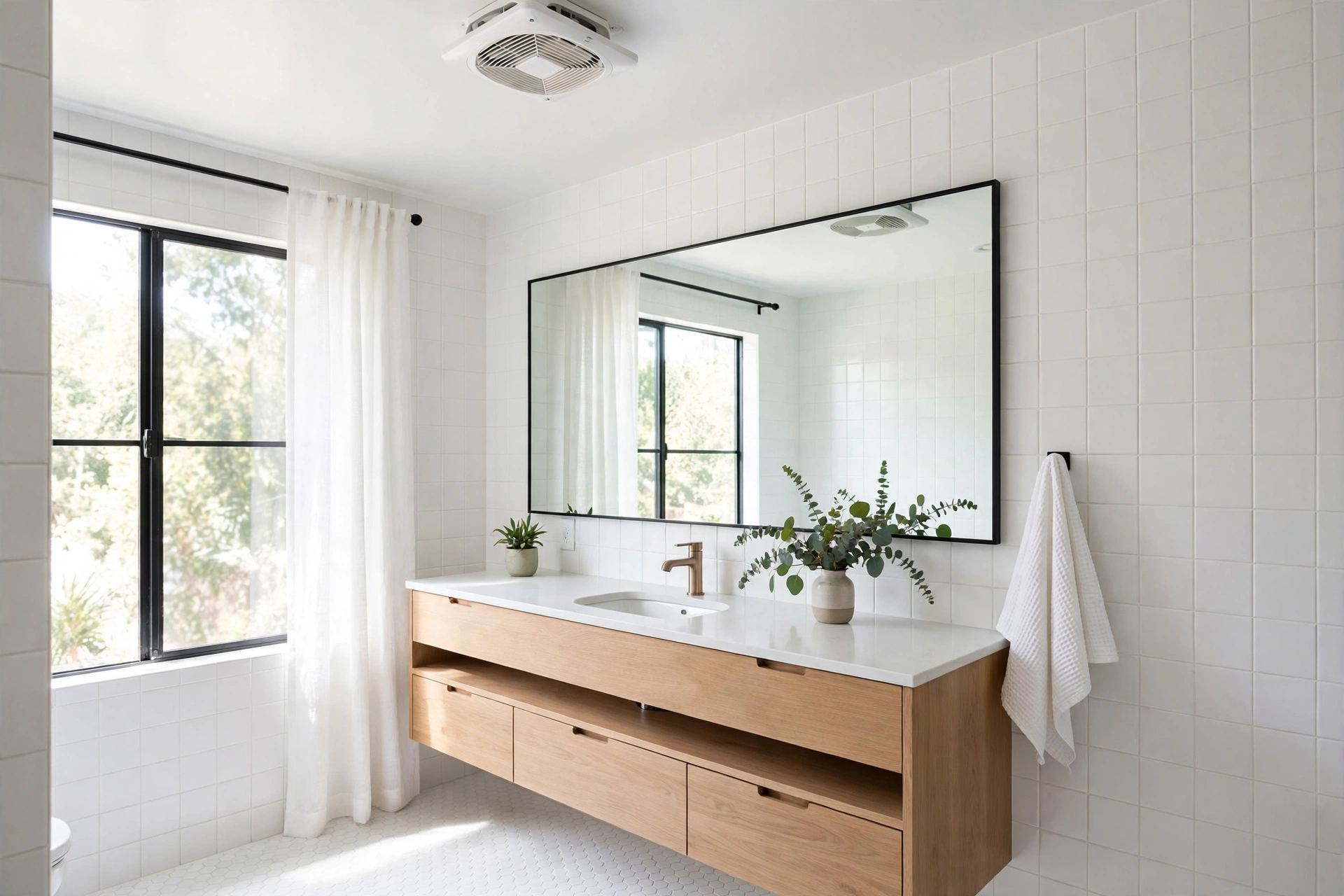 A clean modern bathroom with an exhaust fan running and a window cracked open to ventilate steam after a shower.
