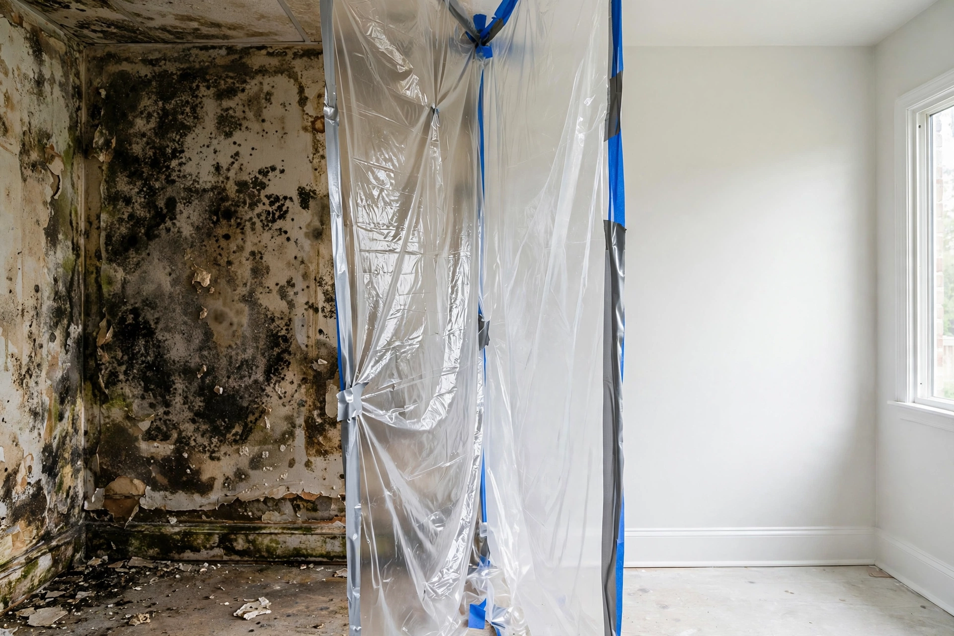 A mold remediation crew in protective gear sealing a work area with plastic containment sheeting inside a home.