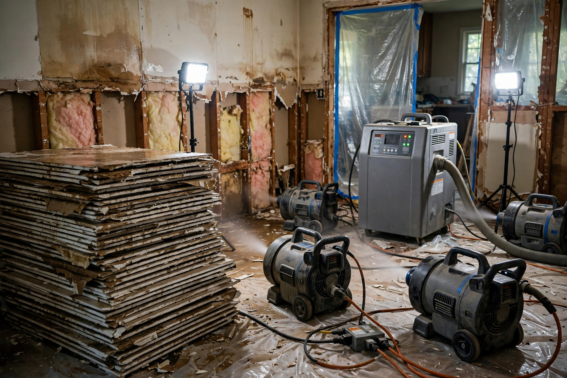 Restoration crew members extracting water and positioning drying equipment in a home after significant water damage.