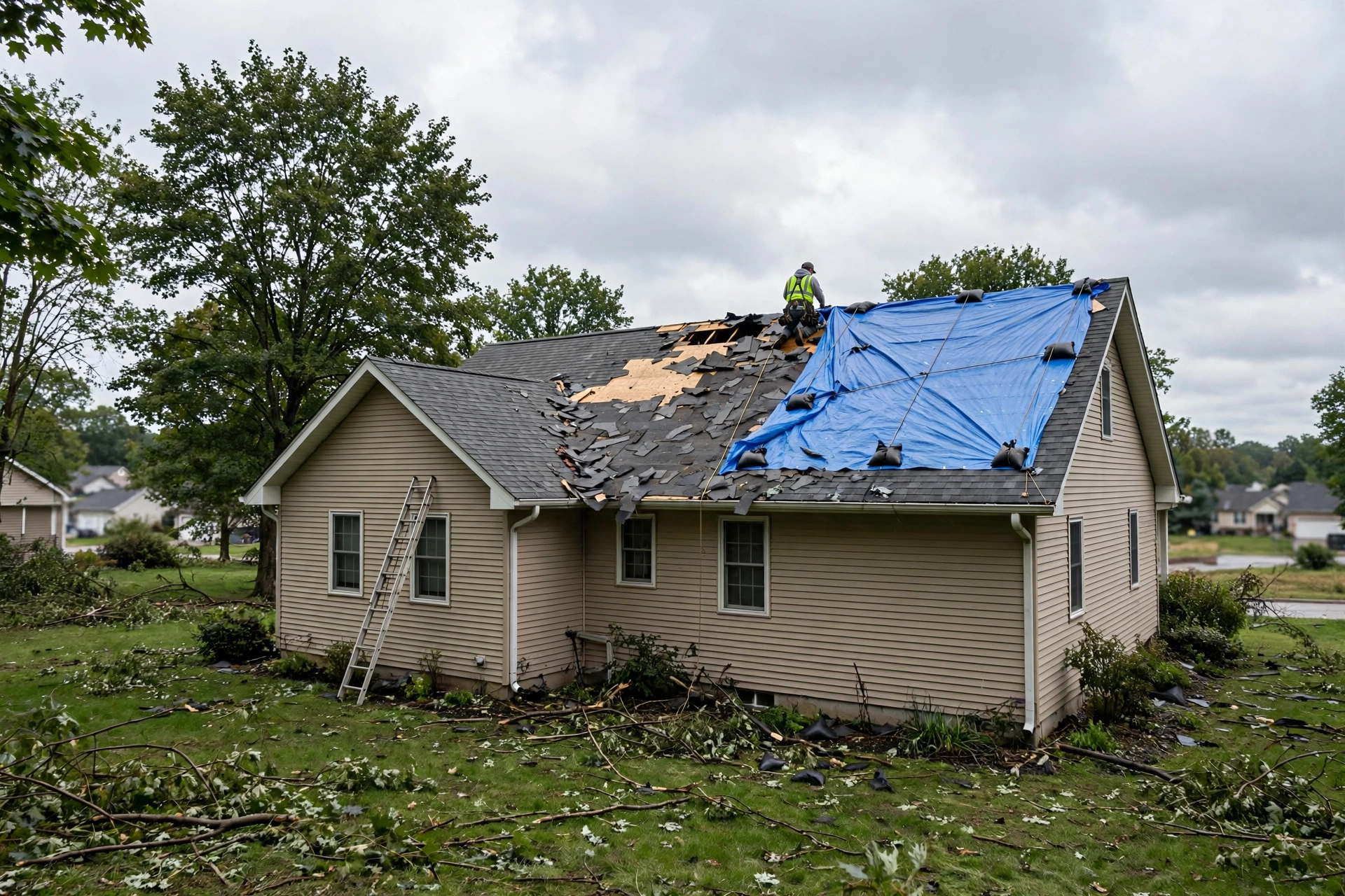 Roofer securing a blue tarp over a damaged roof section to stop an active roof leak causing water damage.