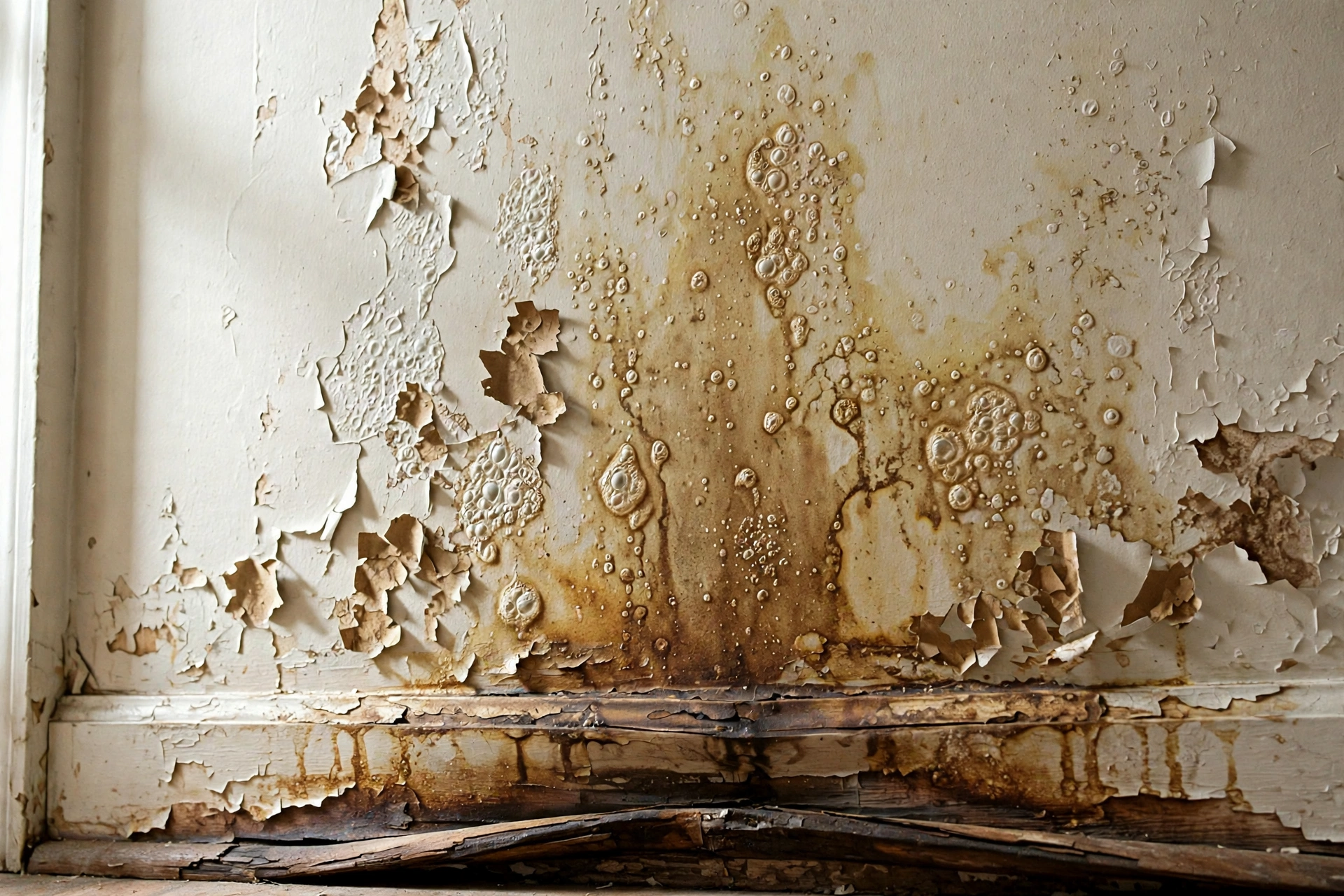 Close-up of a wall showing water damage stains and peeling paint, illustrating signs of water damage in walls.