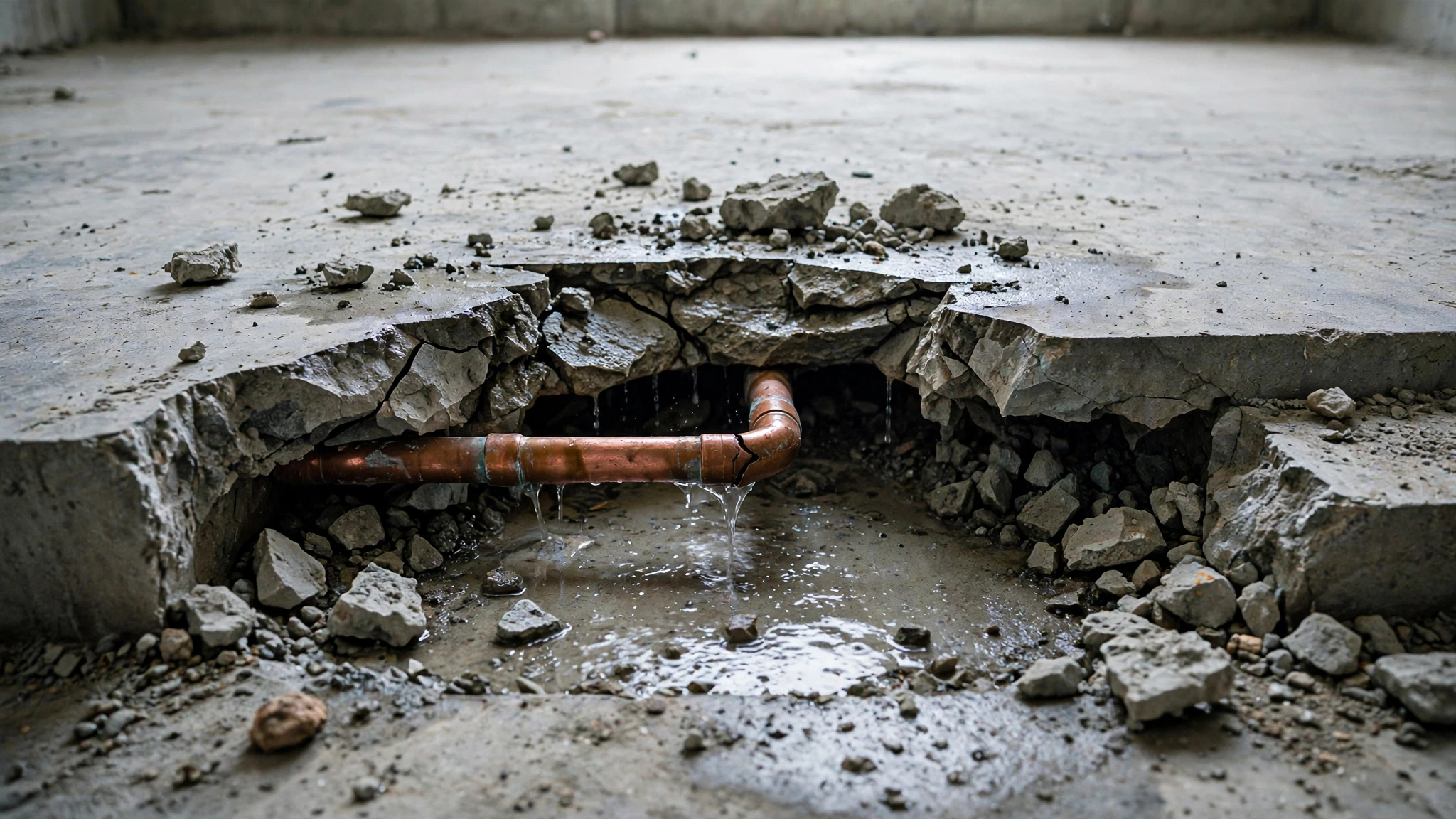 A plumber using acoustic listening equipment on a concrete slab floor to locate a hidden water leak.