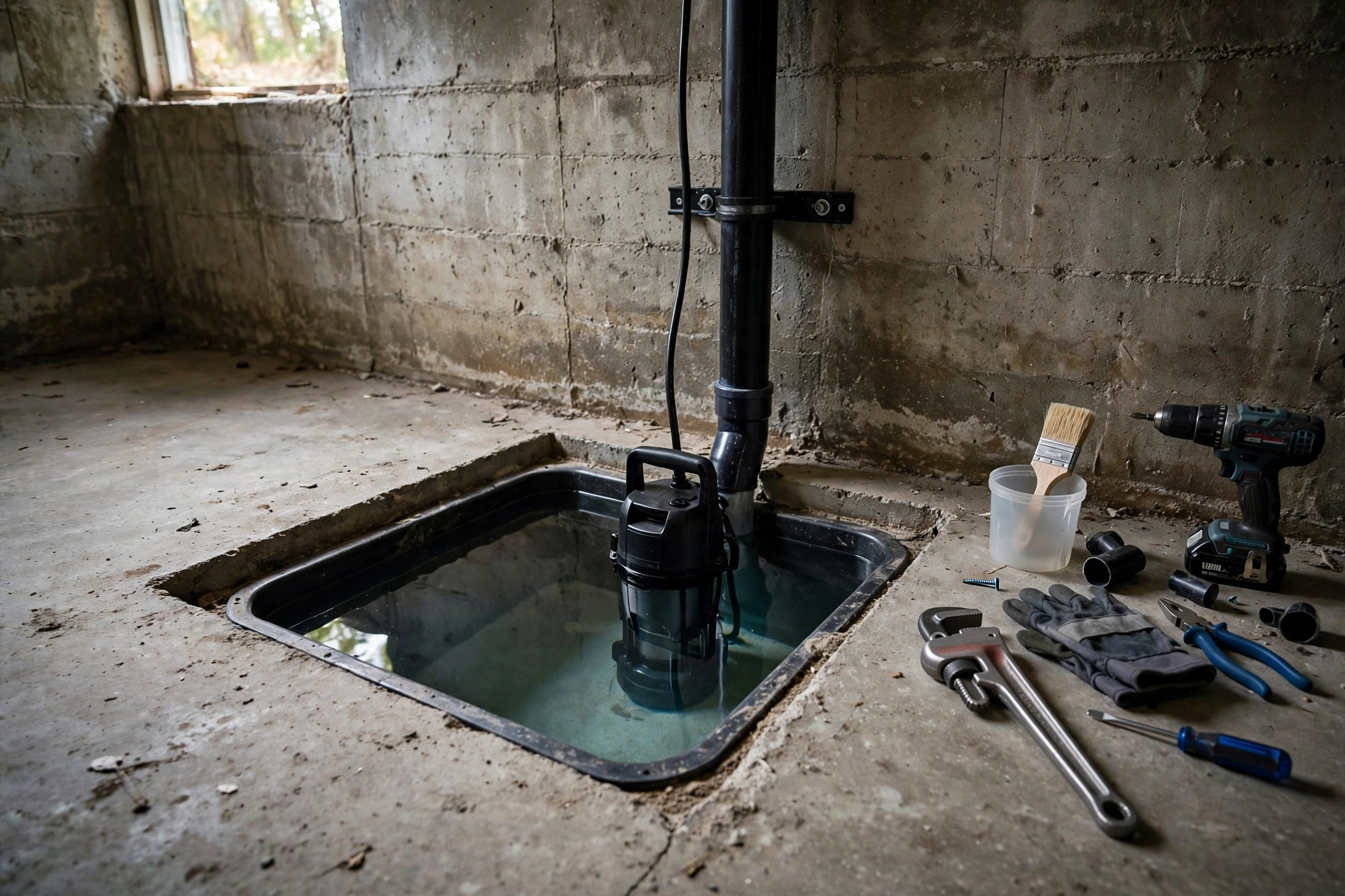 Contractor installing a sump pump in a basement floor pit, illustrating typical sump pump installation cost factors.