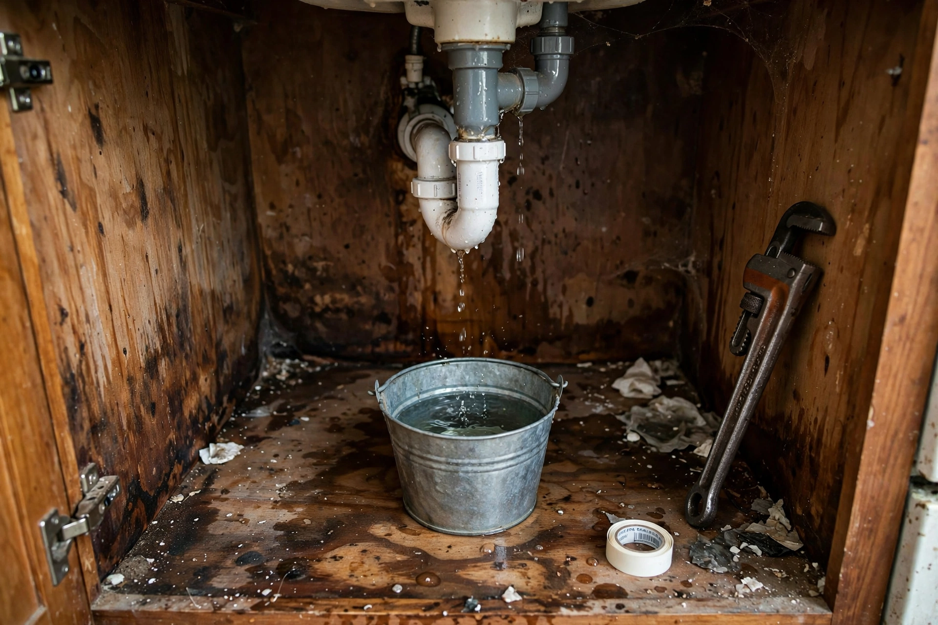 Water-stained cabinet floor under a kitchen sink with a visible drip from a drain pipe connection.