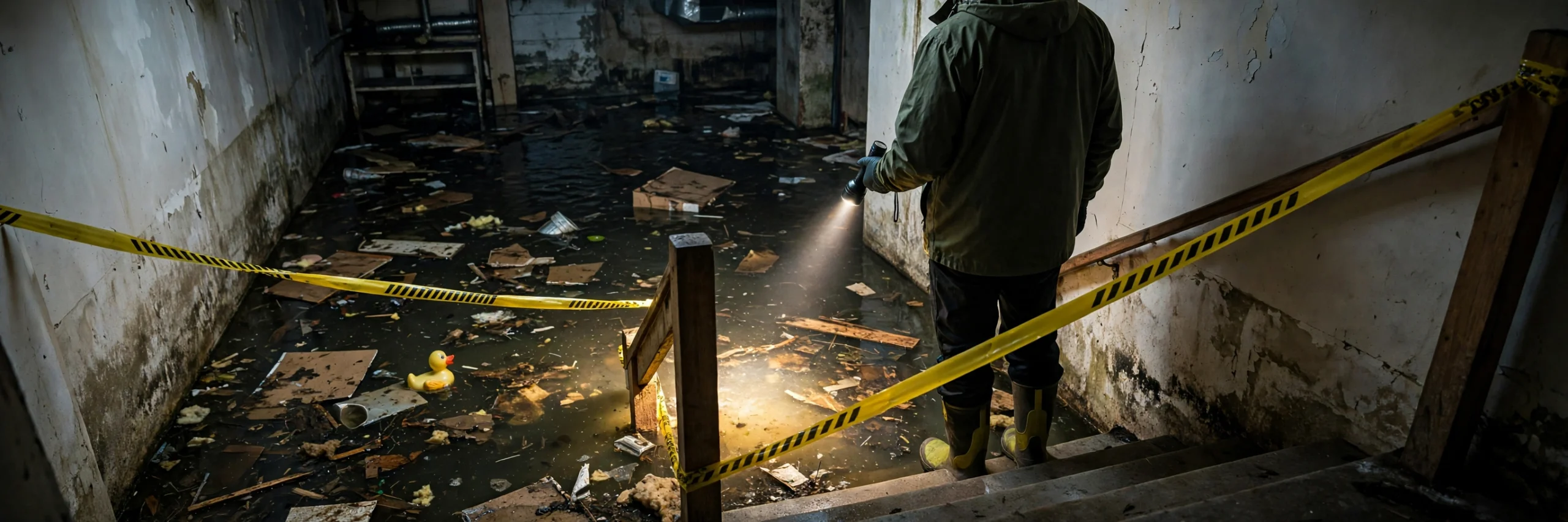 Flooded home interior with standing water illustrating water damage contamination categories