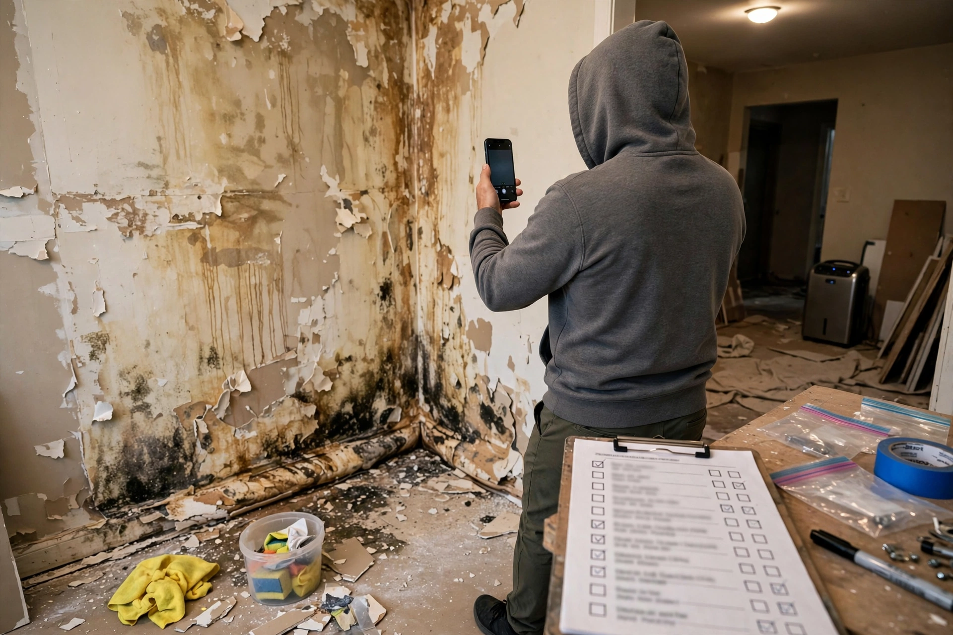 An insurance adjuster inspecting water-damaged drywall with a clipboard, illustrating water damage insurance claim tips.