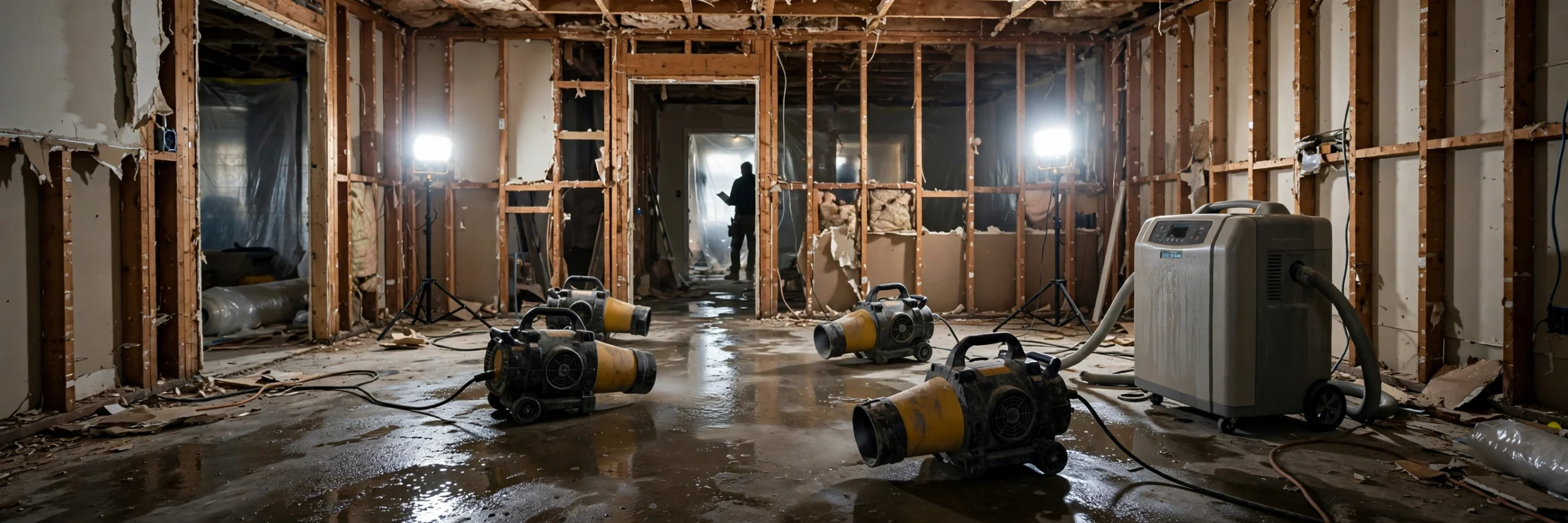Restoration technician using professional drying equipment in a water-damaged living room, illustrating water damage restoration cost.