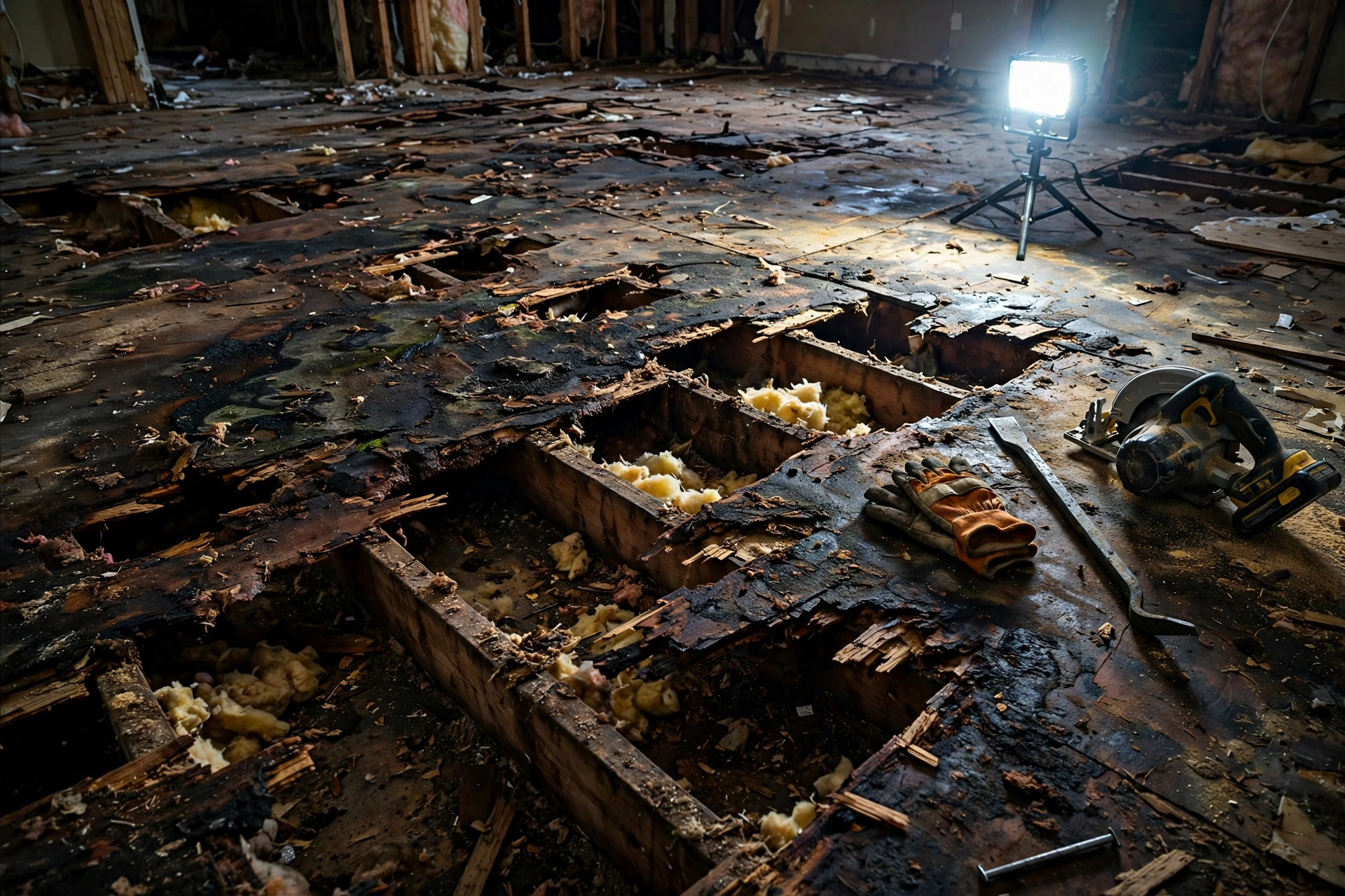 Exposed plywood subfloor with dark water damage and rot being inspected during a home repair.