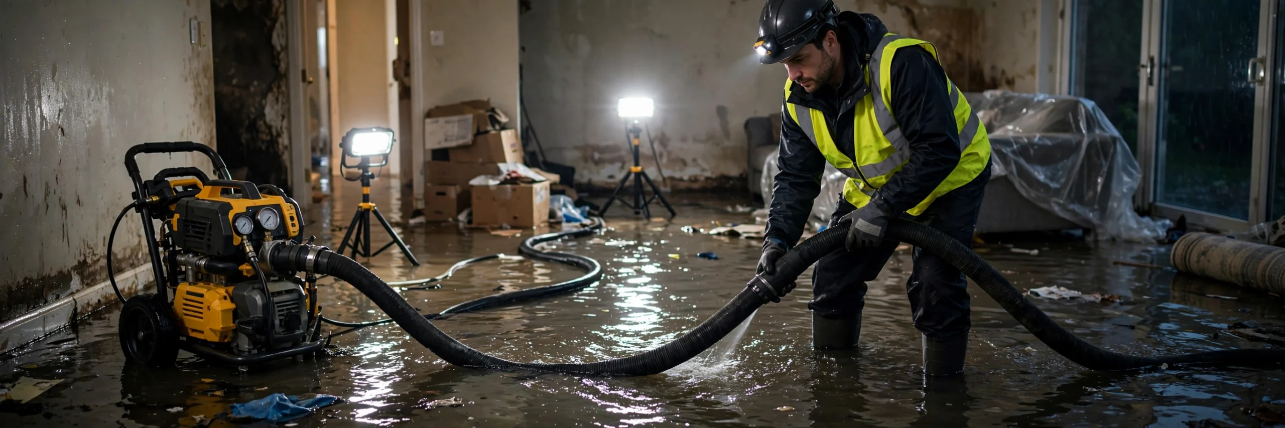Restoration technician using a truck-mounted water extraction unit on a wet carpeted floor.