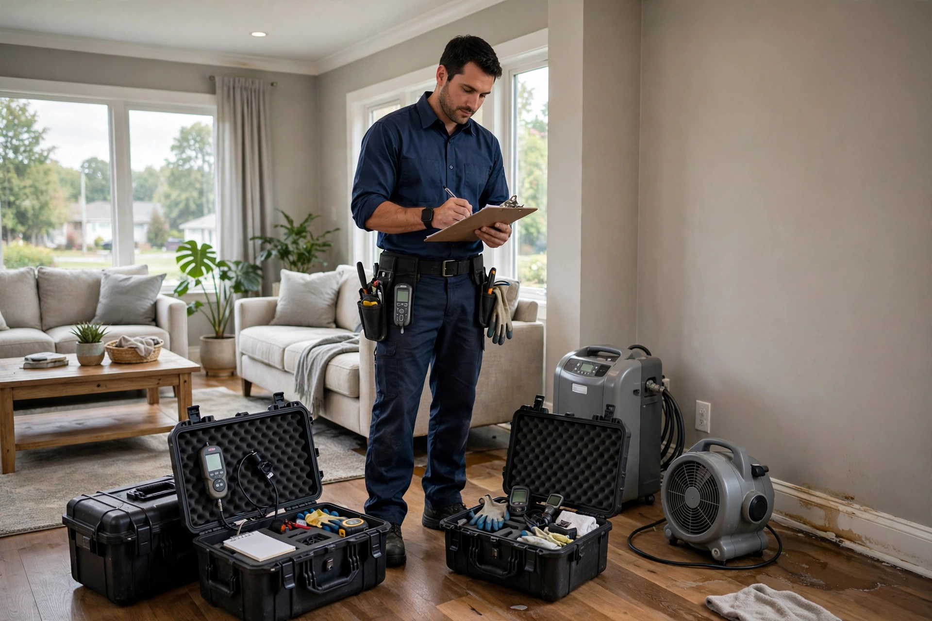 A water damage restoration technician running an air mover and checking a moisture meter in a flooded living room.