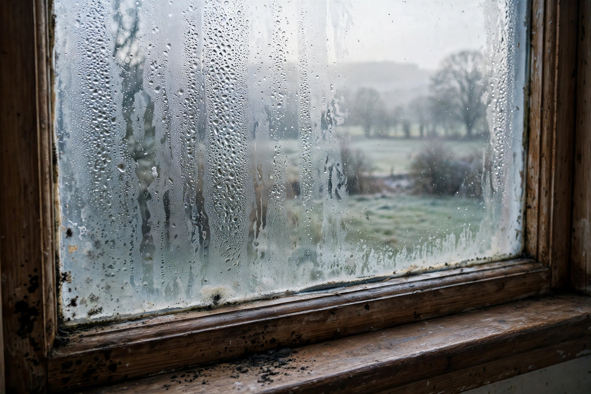 Condensation droplets on a cold window with black mold spots forming along the window sill and frame.