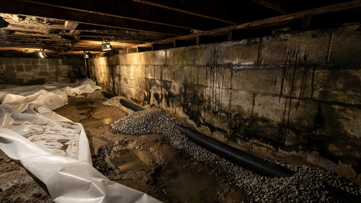 Contractor inspecting standing water and a torn vapor barrier inside a dim residential crawl space.